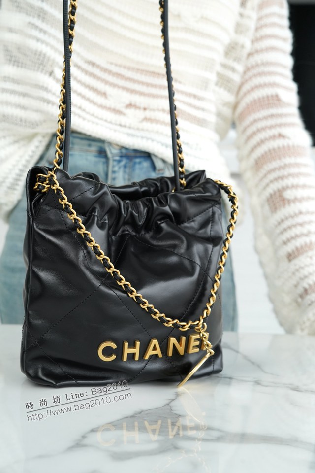 Chanel專櫃新款23S小牛皮22Mini bag黑銀 香奈兒迷你22bag鏈條肩背包 djc5284